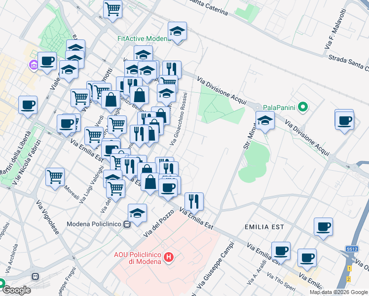 map of restaurants, bars, coffee shops, grocery stores, and more near 125 Via Gian Battista Pergolesi in Modena