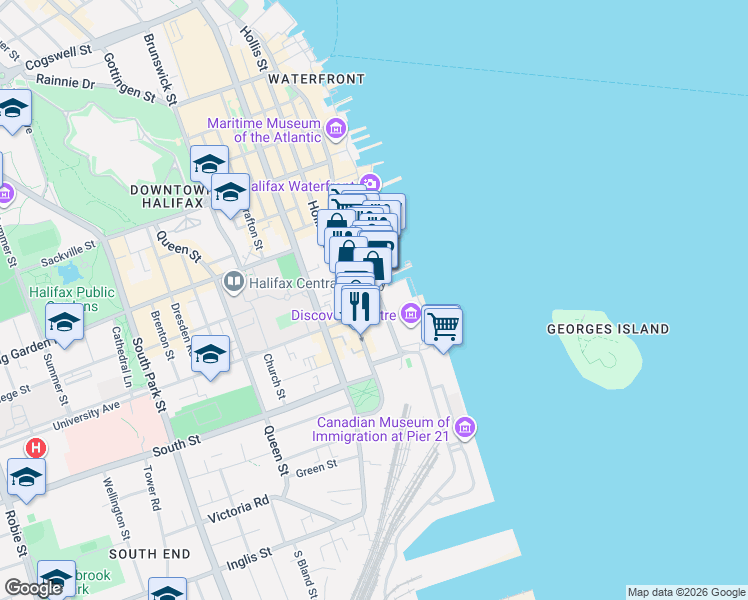 map of restaurants, bars, coffee shops, grocery stores, and more near 1326 Lower Water Street in Halifax
