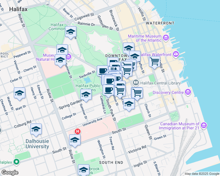 map of restaurants, bars, coffee shops, grocery stores, and more near 5665 Spring Garden Road in Halifax