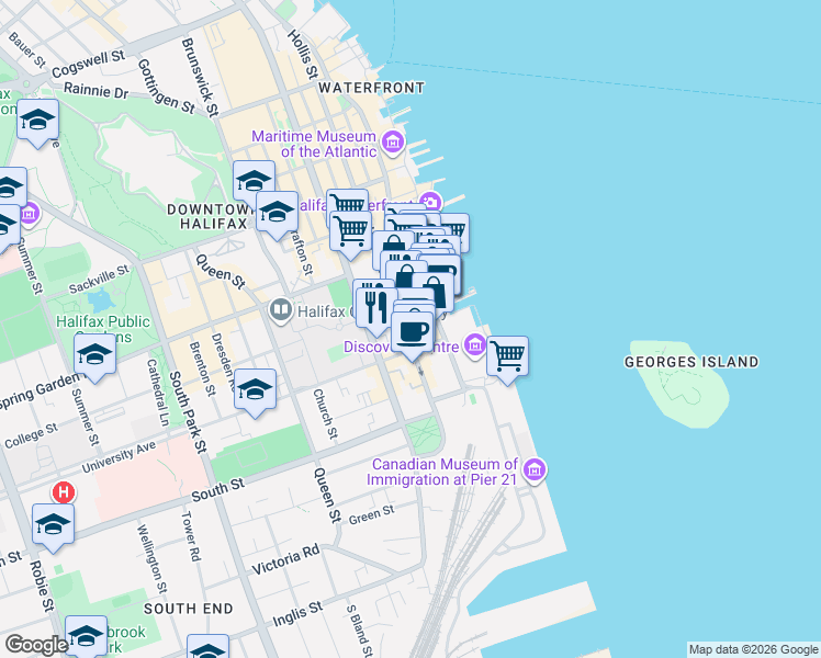 map of restaurants, bars, coffee shops, grocery stores, and more near 1325 Hollis Street in Halifax