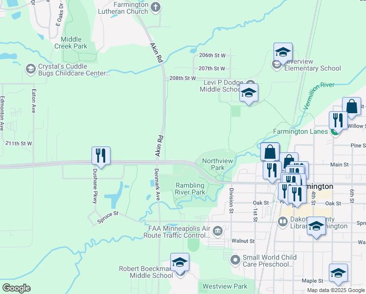 map of restaurants, bars, coffee shops, grocery stores, and more near 4200 208th Street West in Farmington