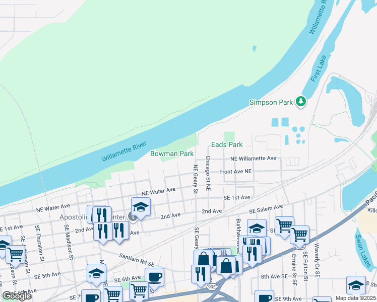 map of restaurants, bars, coffee shops, grocery stores, and more near 430 Northeast Geary Street in Albany