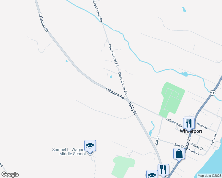 map of restaurants, bars, coffee shops, grocery stores, and more near 177 Lebanon Road in Winterport