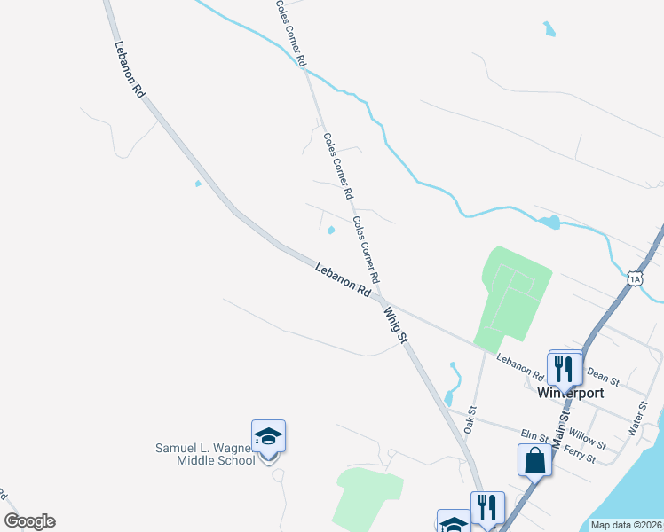 map of restaurants, bars, coffee shops, grocery stores, and more near 177 Lebanon Road in Winterport