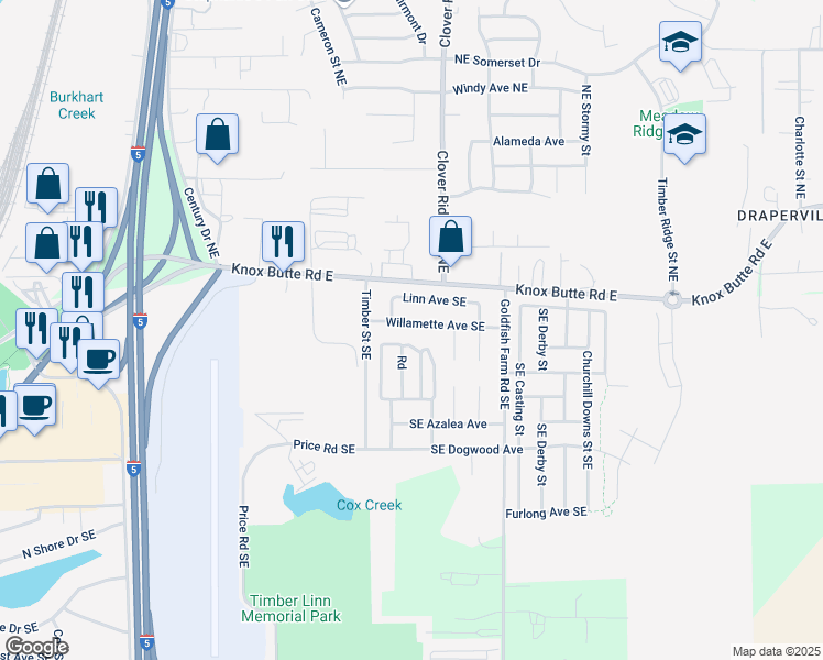 map of restaurants, bars, coffee shops, grocery stores, and more near 3820 Willamette Avenue Southeast in Albany