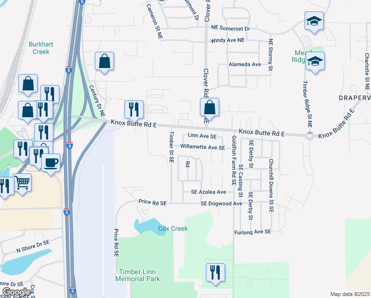 map of restaurants, bars, coffee shops, grocery stores, and more near 3820 Willamette Avenue Southeast in Albany