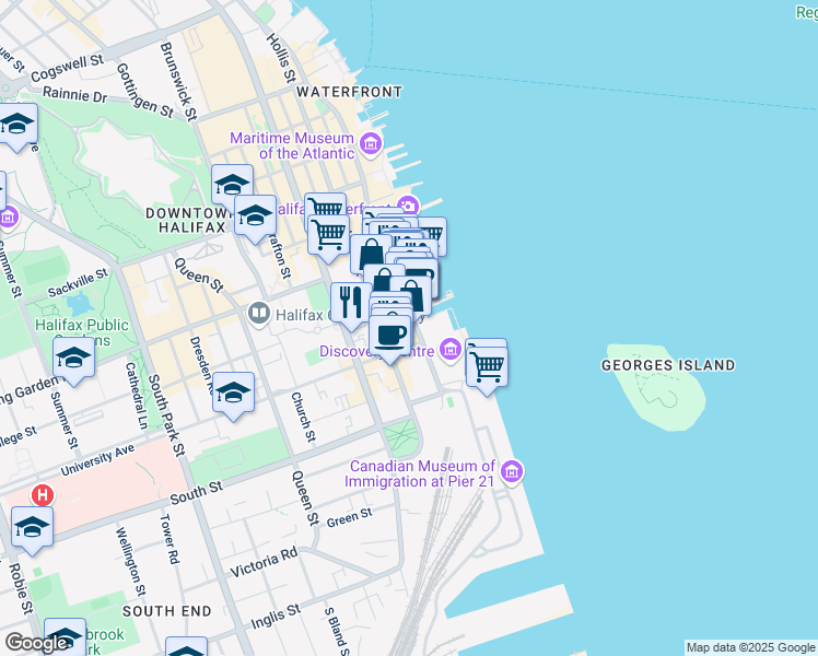 map of restaurants, bars, coffee shops, grocery stores, and more near 5151 Morris Street in Halifax