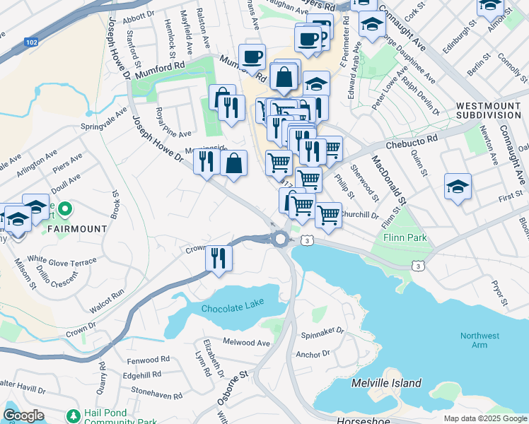 map of restaurants, bars, coffee shops, grocery stores, and more near 2655 Joseph Howe Drive in Halifax
