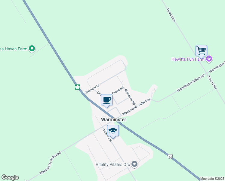 map of restaurants, bars, coffee shops, grocery stores, and more near 30 Champlain Crescent in Coldwater