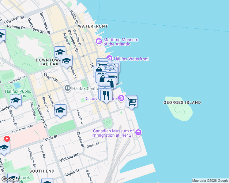map of restaurants, bars, coffee shops, grocery stores, and more near 1325 Lower Water Street in Halifax