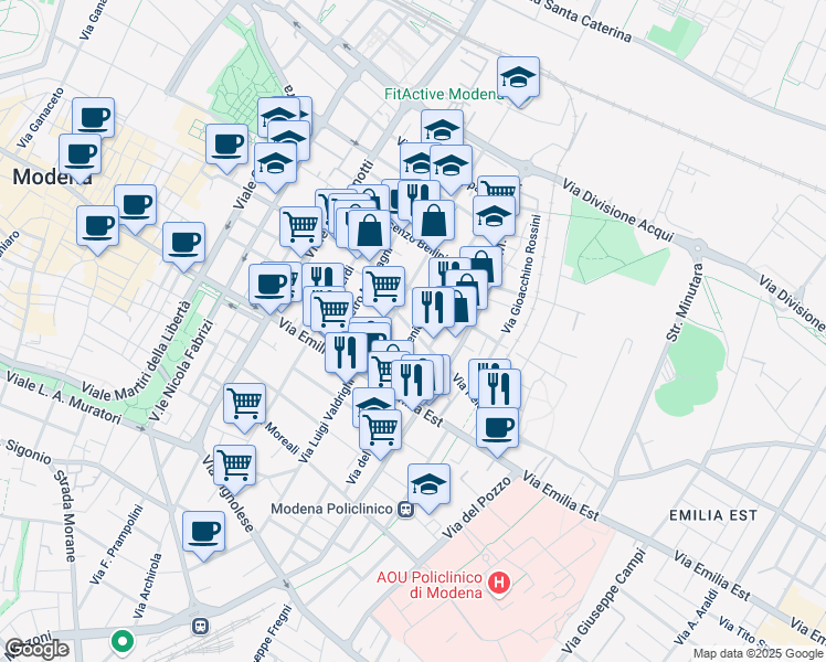 map of restaurants, bars, coffee shops, grocery stores, and more near 66-112 Via Arsenio Crespellani in Modena