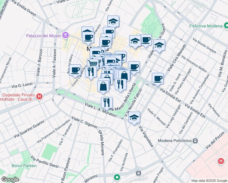 map of restaurants, bars, coffee shops, grocery stores, and more near 36 Via Mascherella in Modena