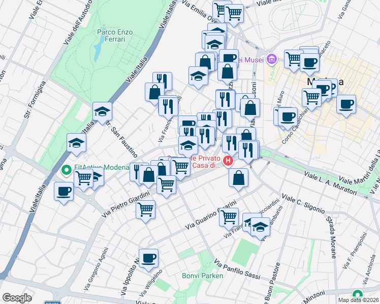 map of restaurants, bars, coffee shops, grocery stores, and more near 58 Via Lazzaro Spallanzani in Modena