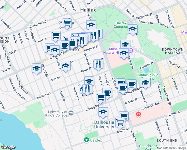 map of restaurants, bars, coffee shops, grocery stores, and more near in Halifax