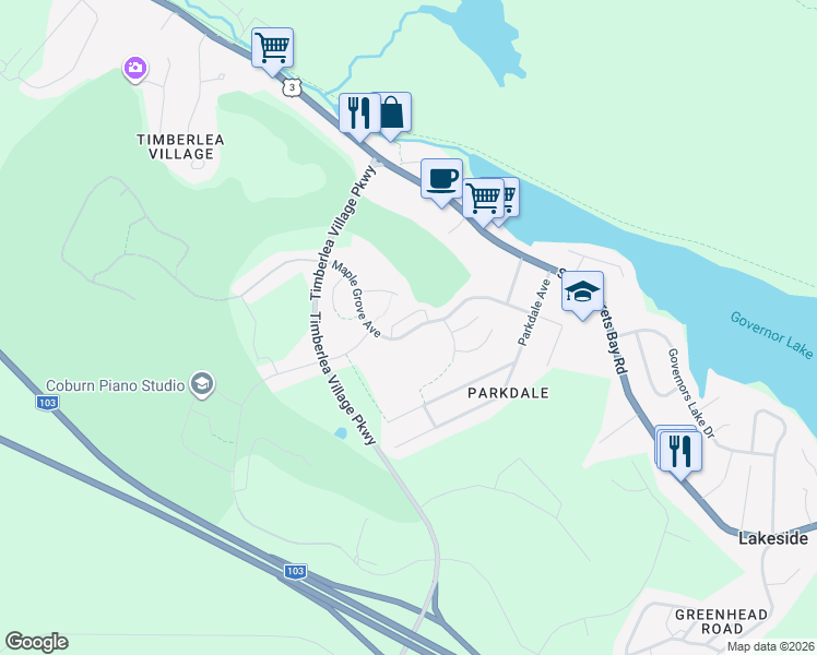 map of restaurants, bars, coffee shops, grocery stores, and more near 135 Maple Grove Avenue in Timberlea