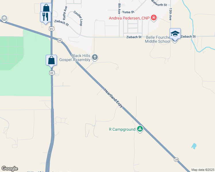 map of restaurants, bars, coffee shops, grocery stores, and more near 10988 South Dakota 34 in Belle Fourche