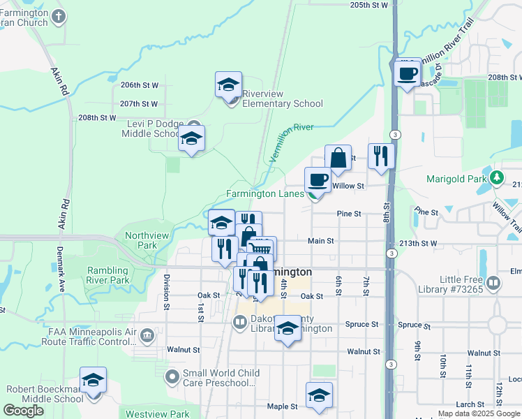 map of restaurants, bars, coffee shops, grocery stores, and more near 303 Pine Street in Farmington
