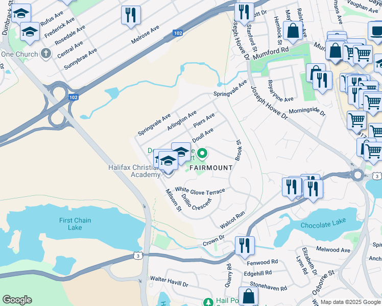 map of restaurants, bars, coffee shops, grocery stores, and more near 79 Downs Avenue in Halifax