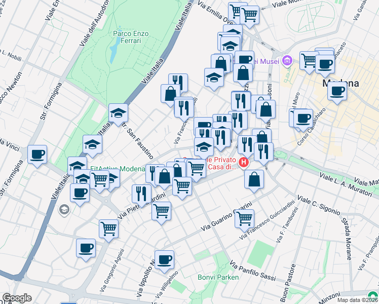 map of restaurants, bars, coffee shops, grocery stores, and more near 67 Via Sante Fattori in Modena