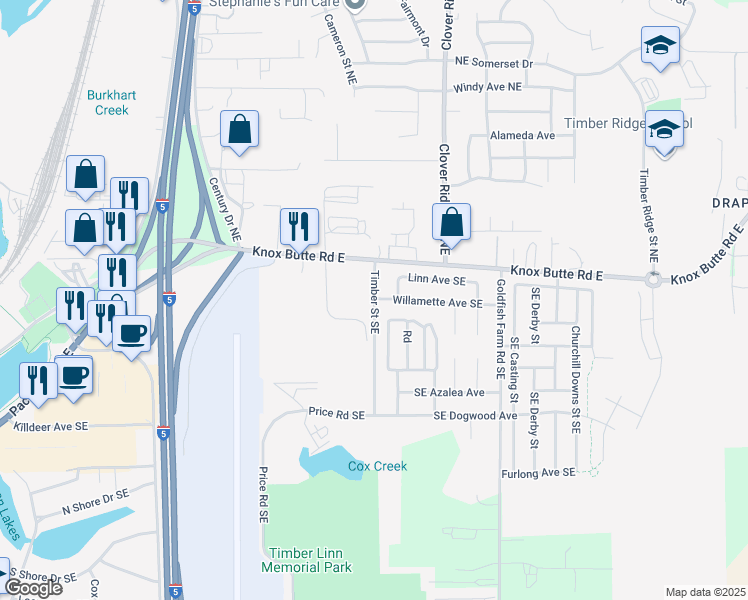 map of restaurants, bars, coffee shops, grocery stores, and more near 352 Timber Street Southeast in Albany