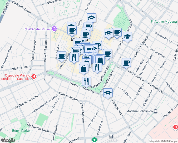 map of restaurants, bars, coffee shops, grocery stores, and more near 36 Via Mascherella in Modena