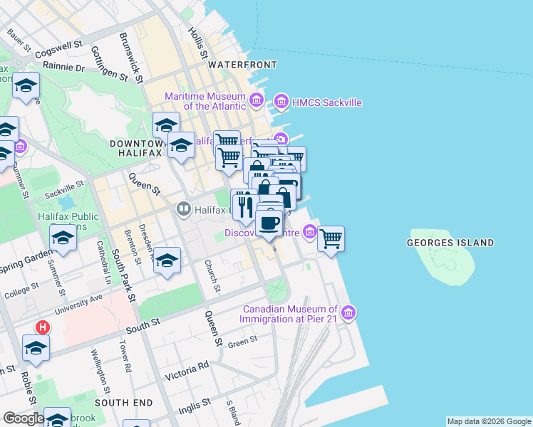 map of restaurants, bars, coffee shops, grocery stores, and more near 1343 Hollis Street in Halifax
