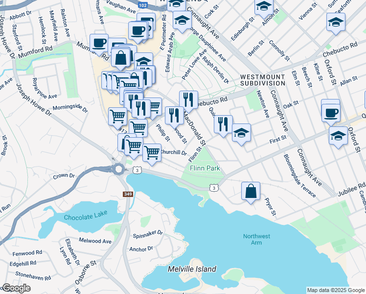 map of restaurants, bars, coffee shops, grocery stores, and more near 6961 Patricia Street in Halifax