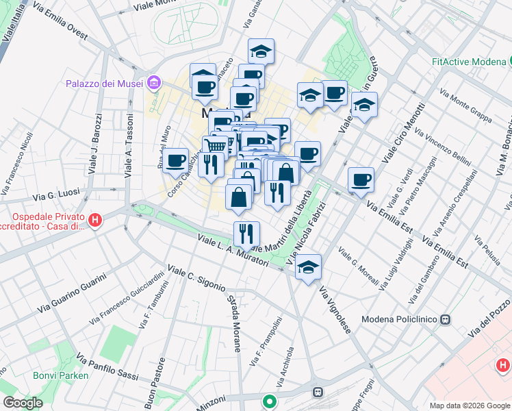 map of restaurants, bars, coffee shops, grocery stores, and more near 36 Via Mascherella in Modena