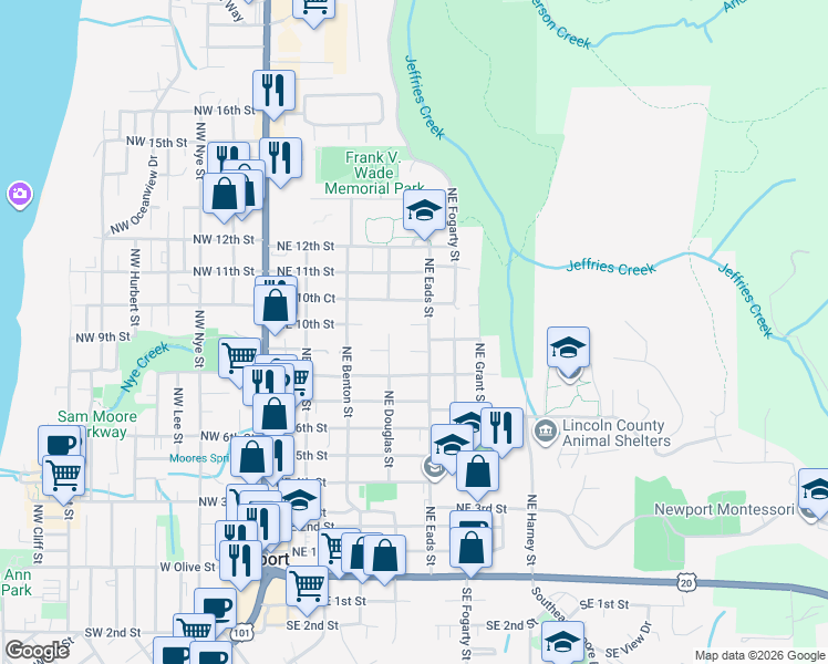 map of restaurants, bars, coffee shops, grocery stores, and more near 448 Northeast 10th Street in Newport