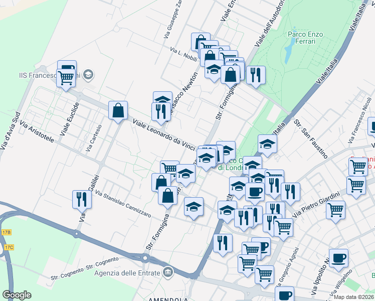 map of restaurants, bars, coffee shops, grocery stores, and more near 1 Via Marie Curie in Modena