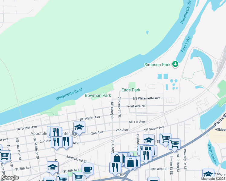 map of restaurants, bars, coffee shops, grocery stores, and more near 430 Northeast Geary Street in Albany