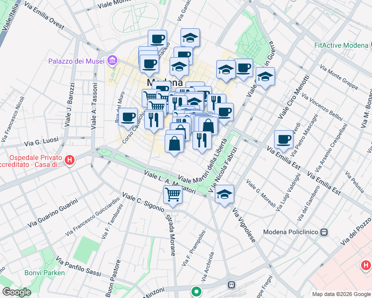 map of restaurants, bars, coffee shops, grocery stores, and more near 36 Via Mascherella in Modena