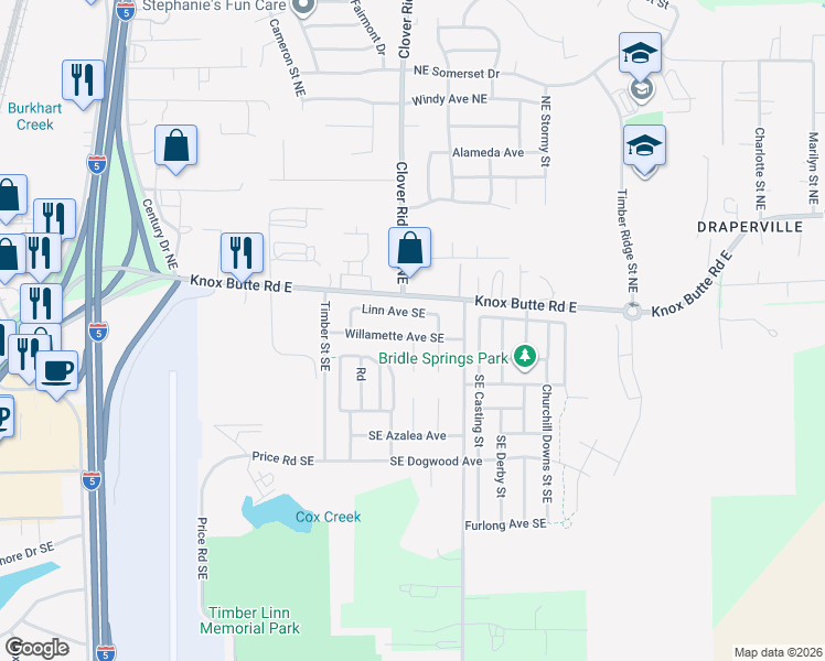 map of restaurants, bars, coffee shops, grocery stores, and more near 3923 Willamette Avenue Southeast in Albany