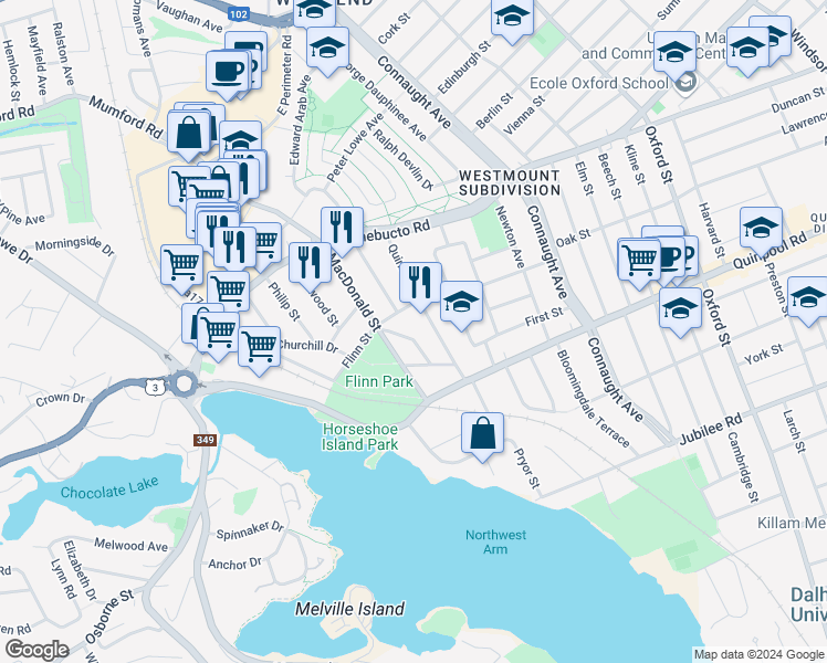 map of restaurants, bars, coffee shops, grocery stores, and more near 2199 Blink Bonnie Terrace in Halifax