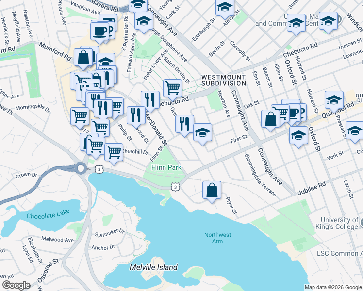 map of restaurants, bars, coffee shops, grocery stores, and more near 2199 Blink Bonnie Terrace in Halifax