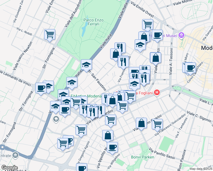 map of restaurants, bars, coffee shops, grocery stores, and more near 6 Via Francesco Stringa in Modena