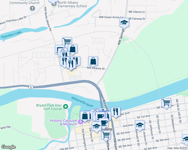 map of restaurants, bars, coffee shops, grocery stores, and more near 250 NW Hickory Ave in Albany