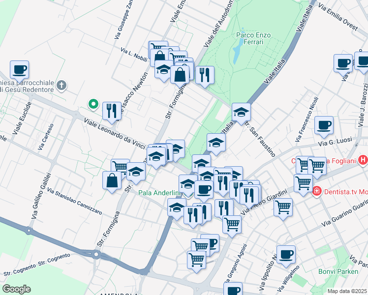map of restaurants, bars, coffee shops, grocery stores, and more near 22 Via Monsignor Luigi della Valle in Modena