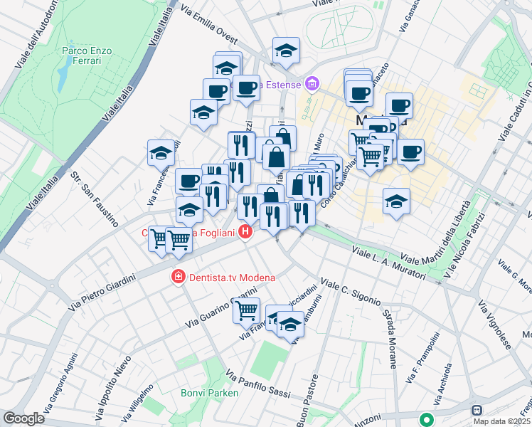 map of restaurants, bars, coffee shops, grocery stores, and more near 15 Via Orazio Vecchi in Modena
