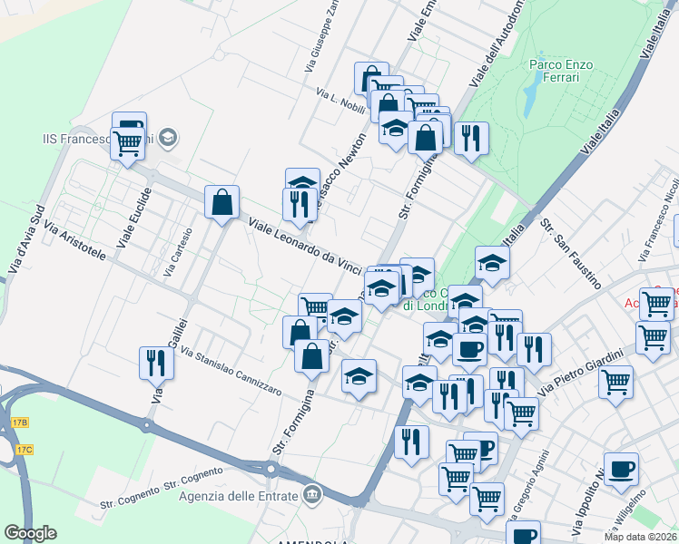 map of restaurants, bars, coffee shops, grocery stores, and more near 1 Via Marie Curie in Modena