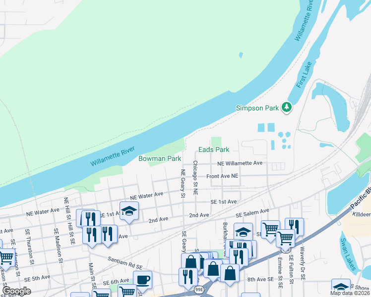map of restaurants, bars, coffee shops, grocery stores, and more near 595 Northeast Geary Street in Albany