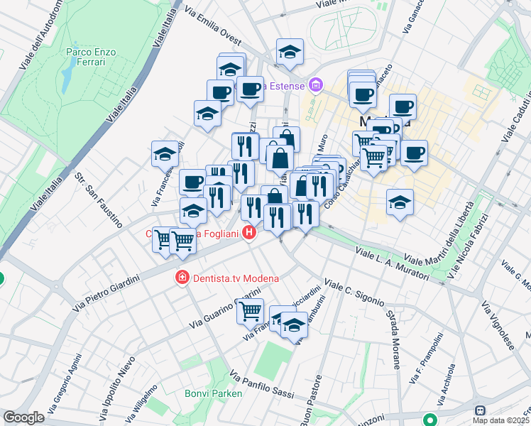 map of restaurants, bars, coffee shops, grocery stores, and more near 15 Via Orazio Vecchi in Modena