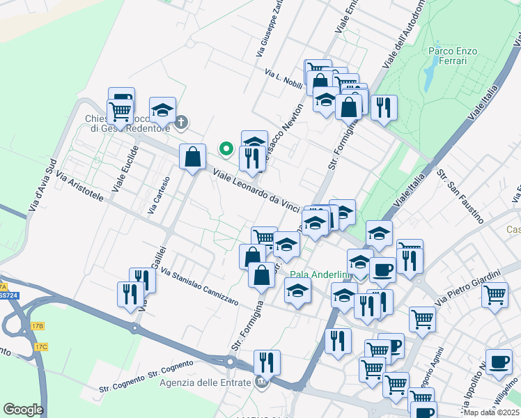 map of restaurants, bars, coffee shops, grocery stores, and more near Via Luigi Pasteur in Modena
