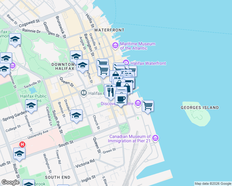 map of restaurants, bars, coffee shops, grocery stores, and more near 1360 Hollis Street in Halifax