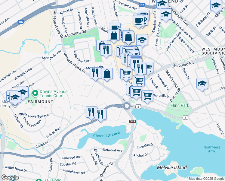 map of restaurants, bars, coffee shops, grocery stores, and more near 2695 Joseph Howe Drive in Halifax