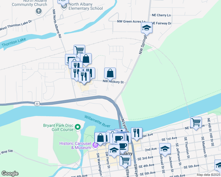 map of restaurants, bars, coffee shops, grocery stores, and more near 250 Northwest Hickory Street in Albany
