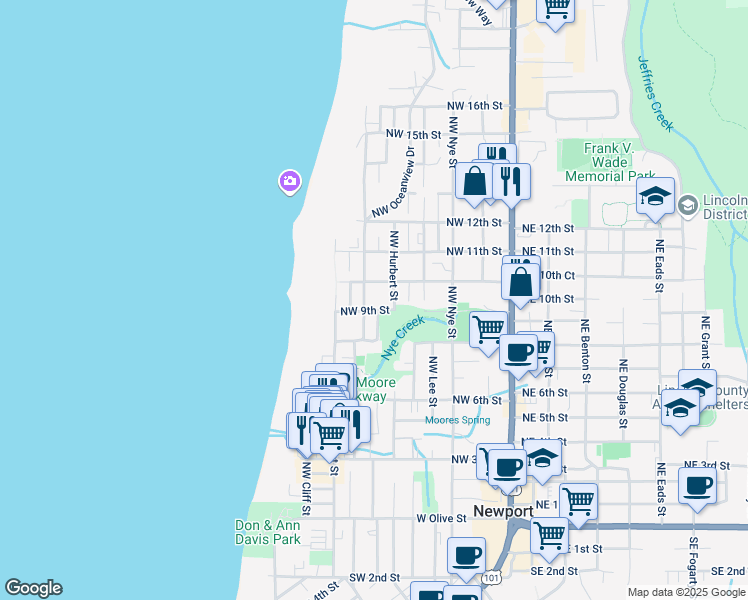 map of restaurants, bars, coffee shops, grocery stores, and more near 918 Northwest Spring Street in Newport