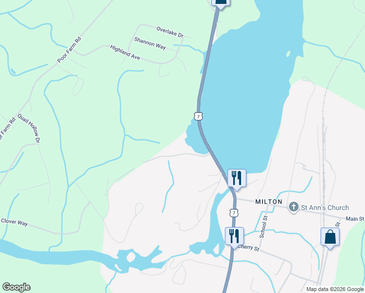 map of restaurants, bars, coffee shops, grocery stores, and more near 34 U.S. 7 in Milton