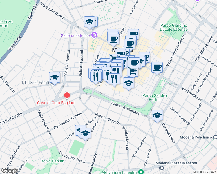 map of restaurants, bars, coffee shops, grocery stores, and more near 54 Via San Paolo in Modena