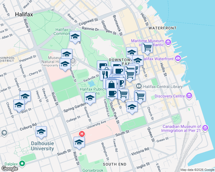 map of restaurants, bars, coffee shops, grocery stores, and more near 1545 South Park Street in Halifax